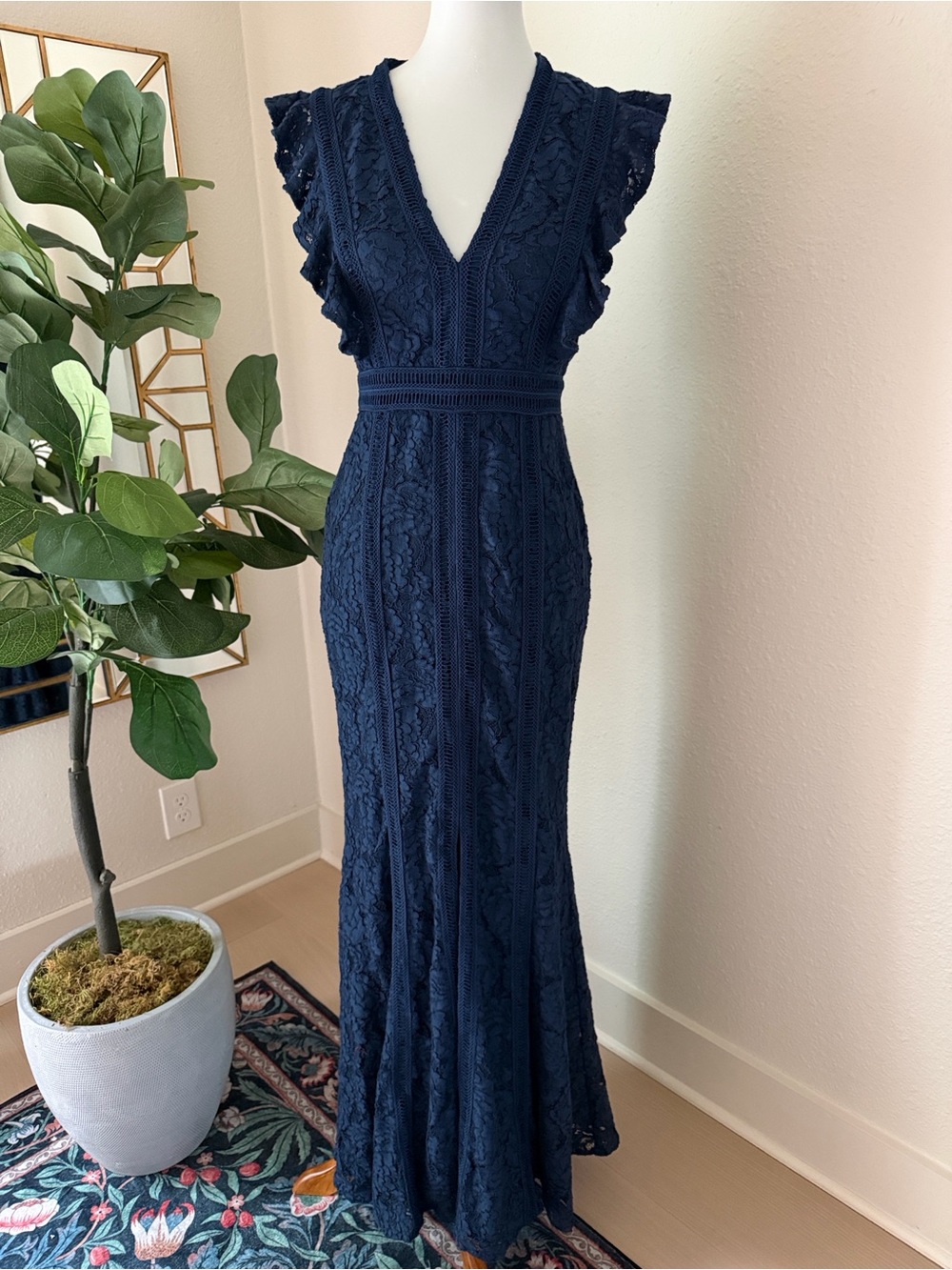 Baltic Born Navy Lace V-Neck Maxi Dress with Ruffle Sleeves